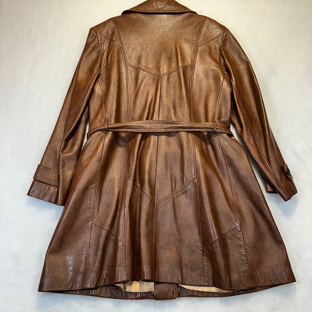 Garfin Leathers Trench Coat Womens 18 Brown Vintage 70s Boho Leather Jacket - Picture 13 of 15